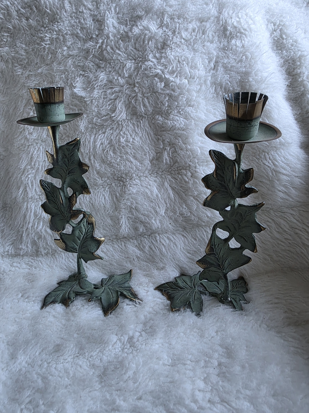 Vintage Pair of Green Ivy Leaf Petina Metal Candleholders.